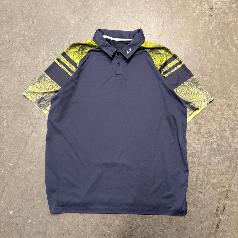 Oakley Mens Performance Golf Polo Shirt Navy Blue Lime Green Graphic XL